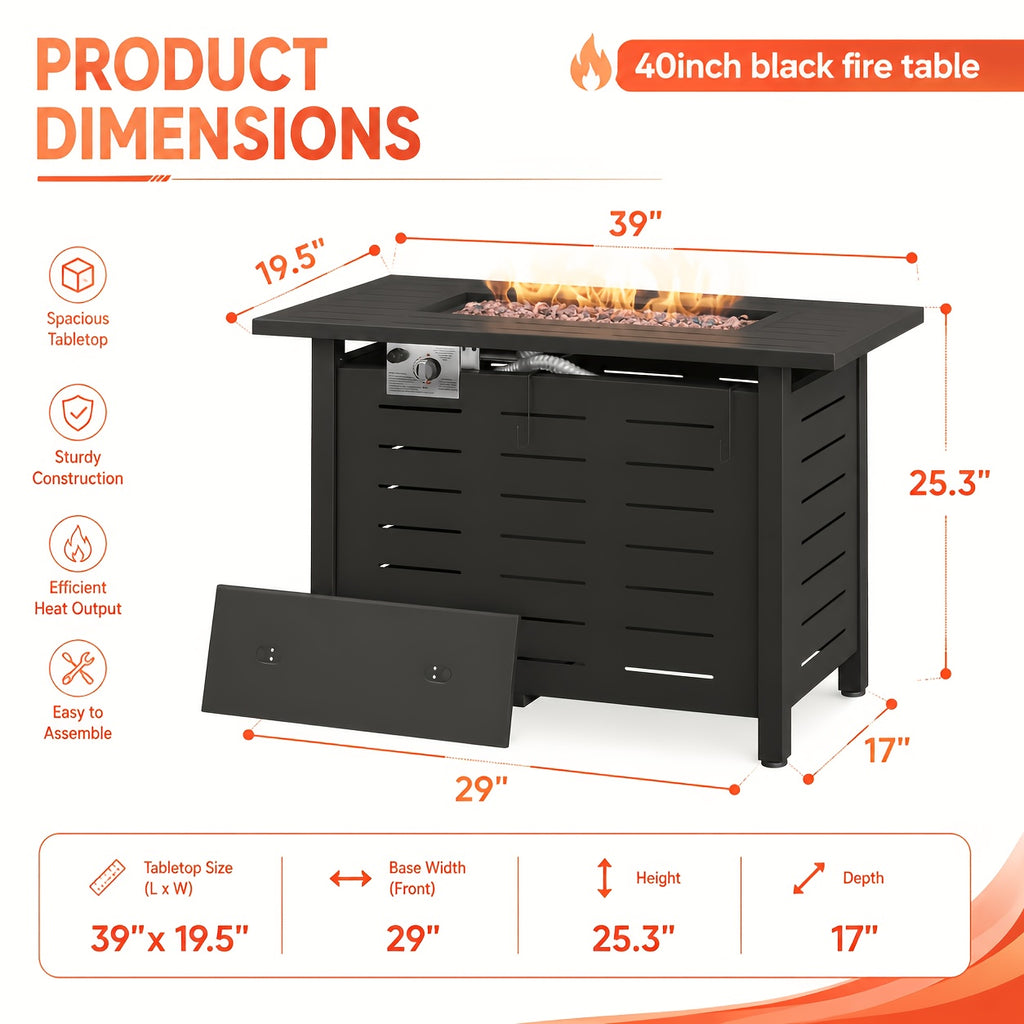 40 44in 50000 BTU Propane Fire Pit Outdoor - Rectangular Steel Gas Fire Table with Lid | Waterproof Cover Metal Black Firepit for Patio, Backyard, Deck (Black/Brown)