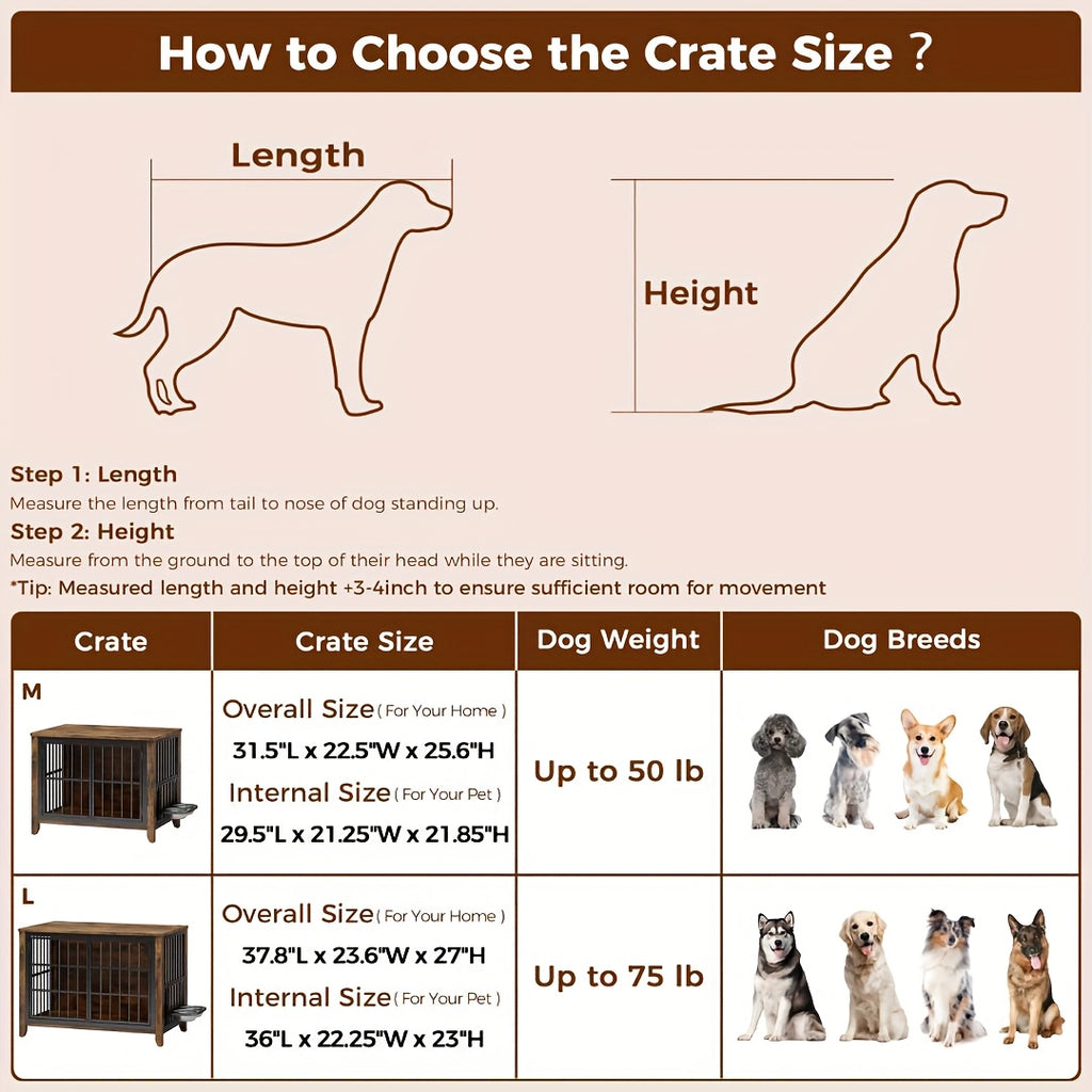 75/36/30in Furniture-Style Dog Crate with 360° Rotating Bowls, Adjustable Height, Safe Lock, Easy to Clean, Available In Gray/Brown, M, L, XL Sizes for One Or Two Dogs, Ideal for Home, Living Room Or Bedroom