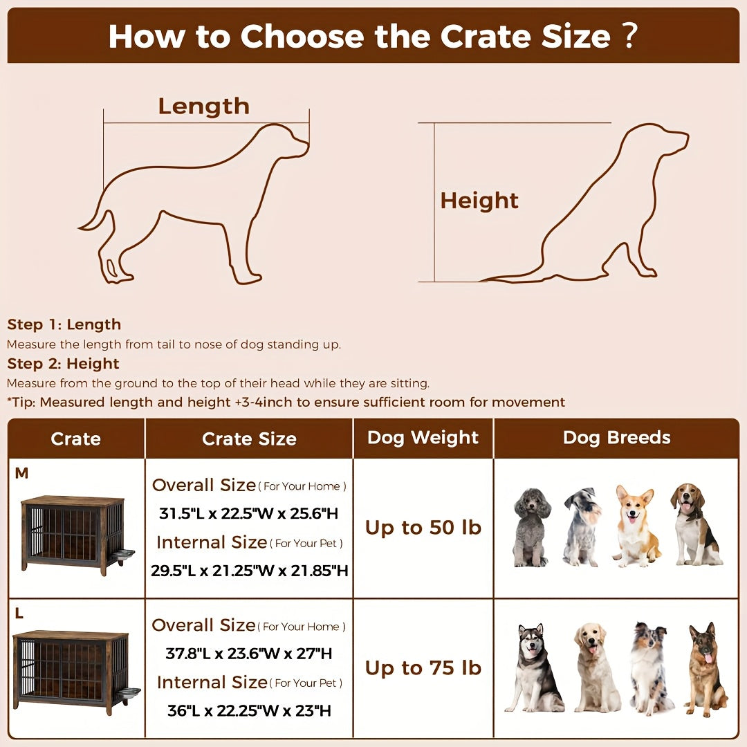 75/36/30in Furniture-Style Dog Crate with 360° Rotating Bowls, Adjustable Height, Safe Lock, Easy to Clean, Available In Gray/Brown, M, L, XL Sizes for One Or Two Dogs, Ideal for Home, Living Room Or Bedroom