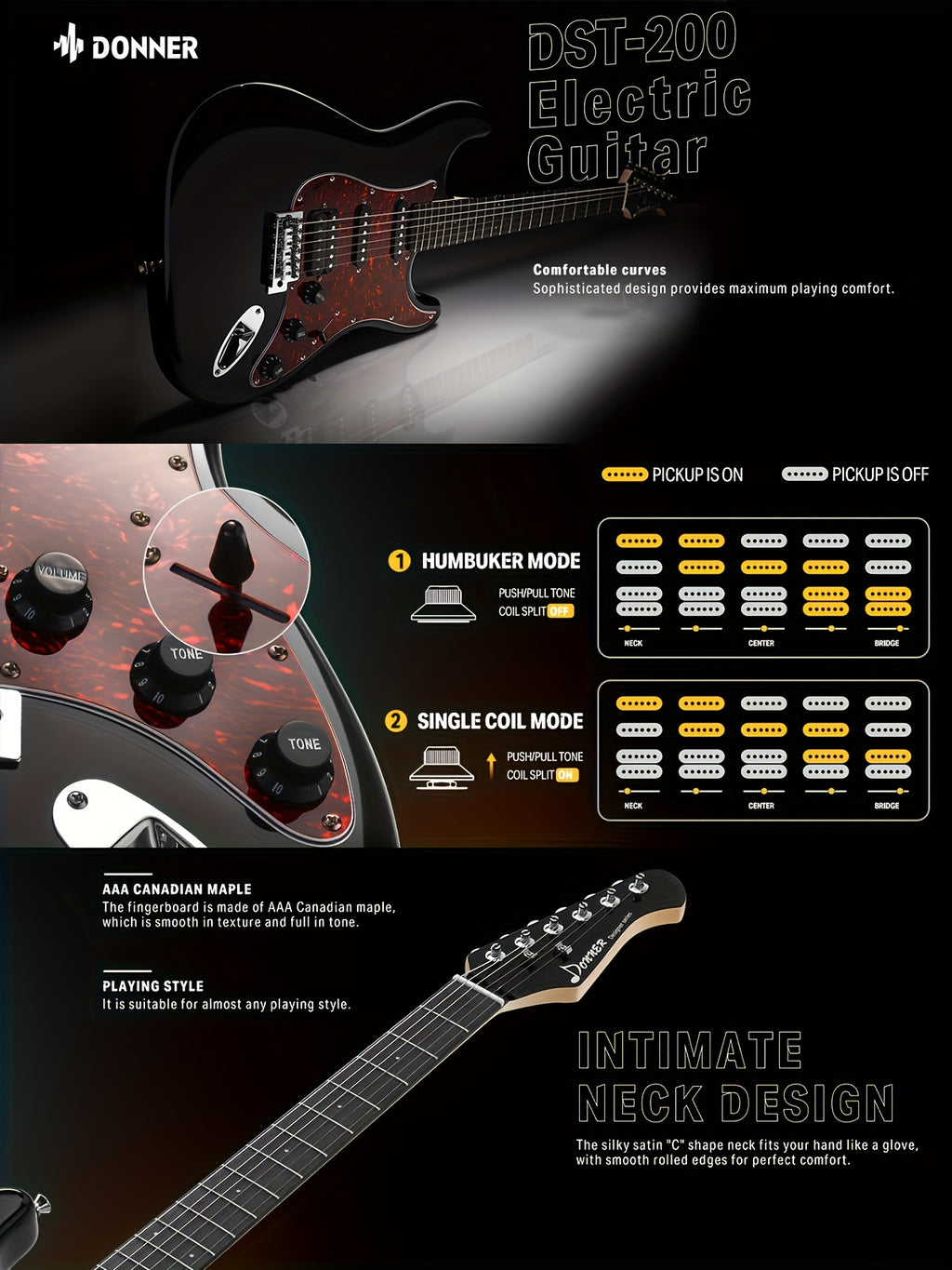 Donner 39 Inch Electric Guitar, Designer Series DST-200 Stylish Solid Body Electric Guitar for Beginner Intermediate & Pro Players, Single Coil Split System, Bonus Bag, Cable, Strap