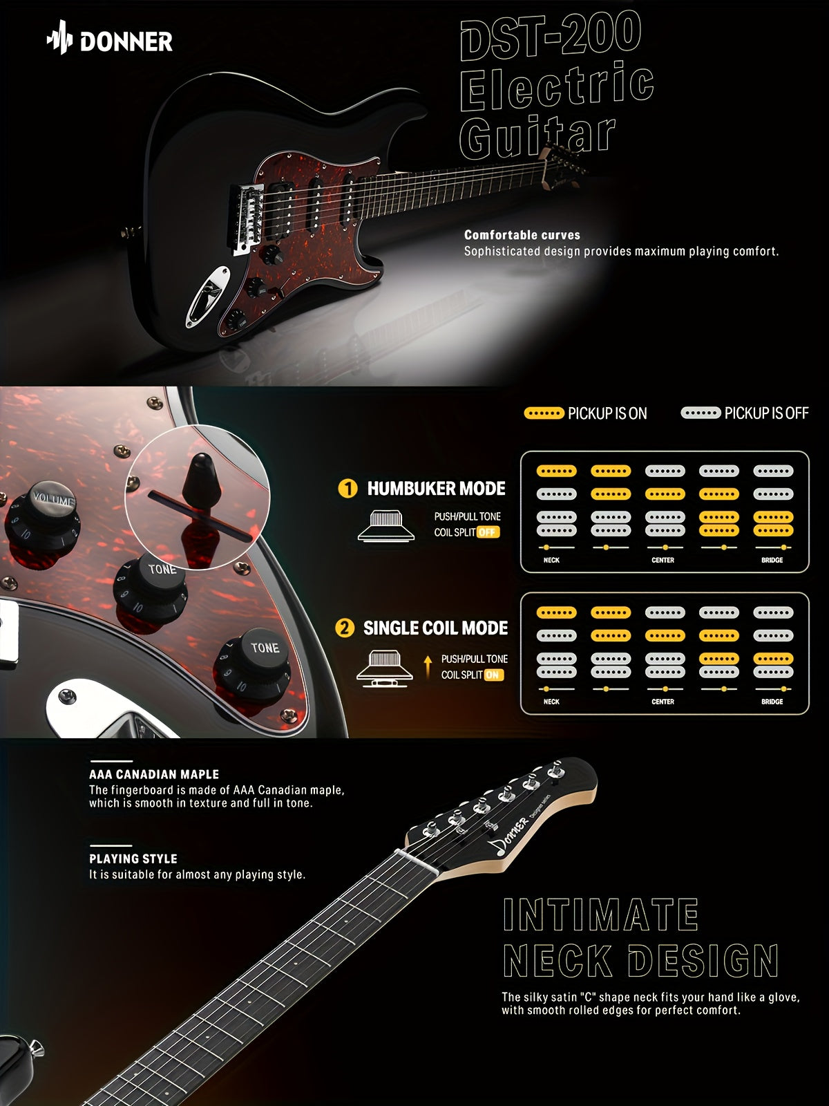 Donner 39 Inch Electric Guitar, Designer Series DST-200 Stylish Solid Body Electric Guitar for Beginner Intermediate & Pro Players, Single Coil Split System, Bonus Bag, Cable, Strap