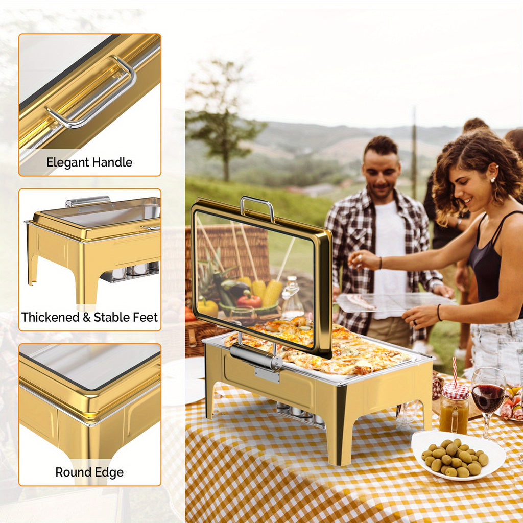 9QT square 304 stainless steel hot pot, hydraulic glass cover and food pot - golden buffet heater, suitable for catering, parties, events and home use only for cooking (1 pack))