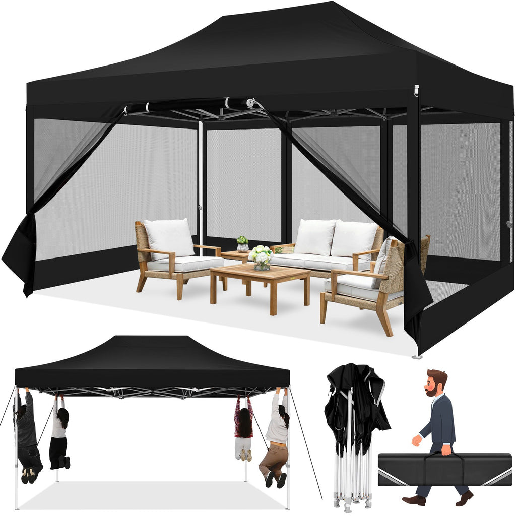 Hoteel 10x15 Heavy Duty Pop Up Canopy Tent with 4 Sidewalls, Commercial Gazebo Party Tent with Mosquito Netting Wall Easy Up Outdoor Instant Screen Tent for Backyard, Beach, Patio, Garden