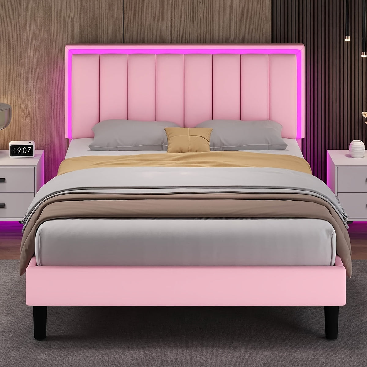 Twin Full Queen Size Bed Frame with LED Lights, Upholstered Queen Size Bed Frame with Headboard And Footboard, Heavy Duty Wood And Metal Slats Support, Noise-Free, No Box Spring Needed, Queen Bed Easy Assembly, Black, White, Pink