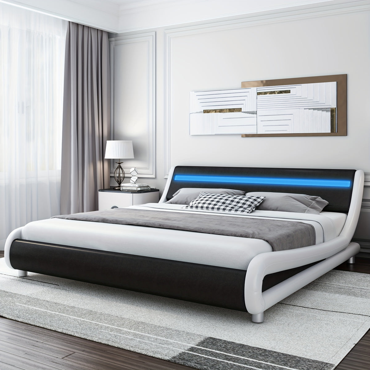 Modern Upholstered LED Bed Frame with Adjustable Headboard & Faux Leather Wave Bed - Metal Platform Bed Frame, No Box Spring Needed, Easy Assembly, Contemporary Bed for Small Spaces Suitable for Modern Bedrooms