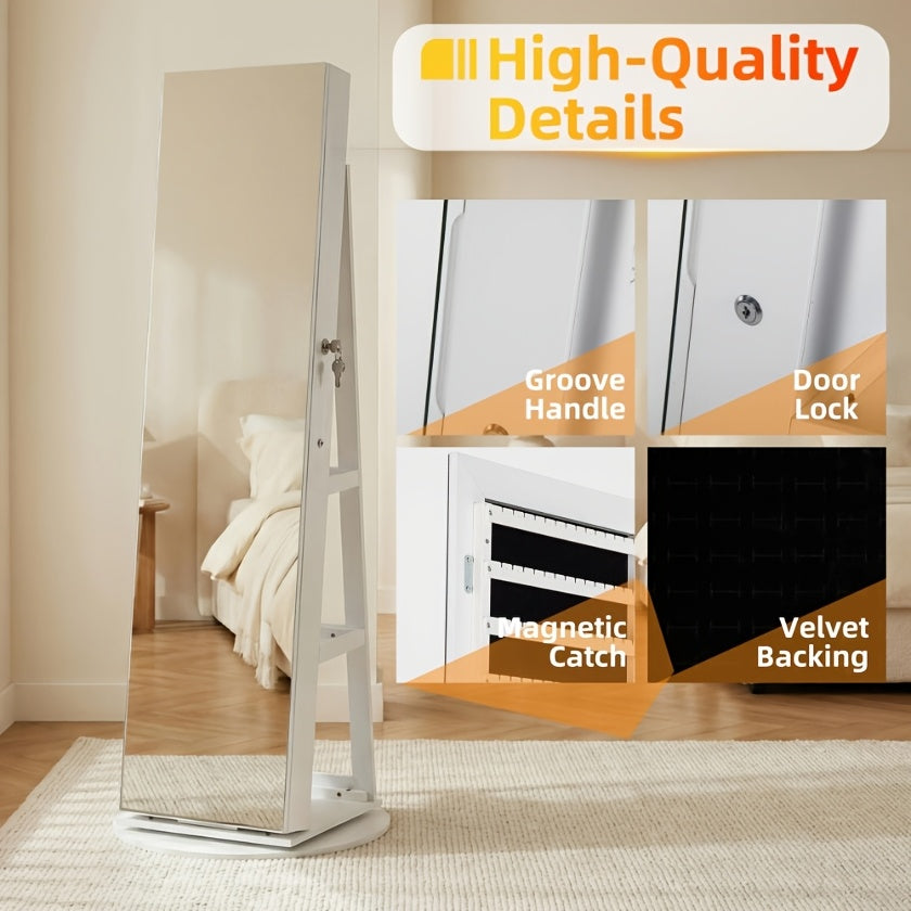 6 LED Jewelry Cabinet with Frameless Full-Length Mirror, 360° Swivel Lockable Organizer Standing Armoire, 3 Storage Shelves, Jewelry Armoires
