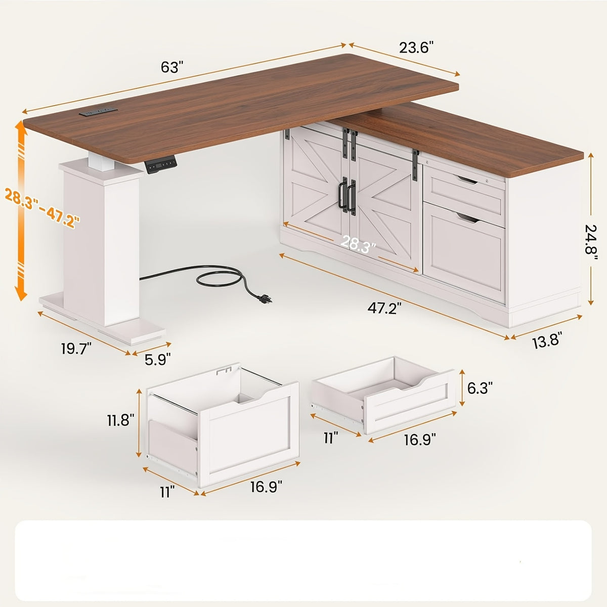 Farmhouse L-Shaped Standing Desk, 55" Computer Desk with 2 Storage Drawers, Height Adjustable Office Desk for Home Office
