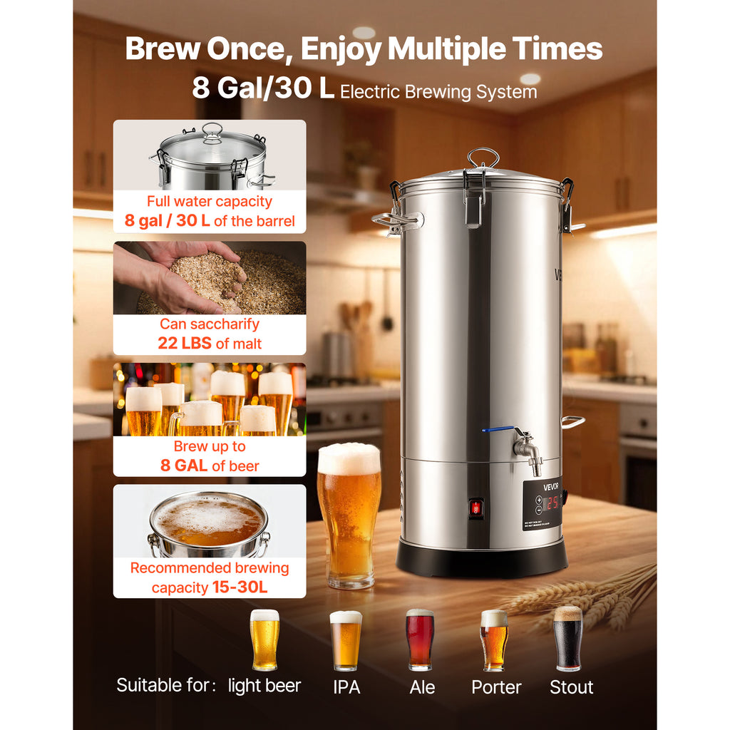 VEVOR Beer Brewing Equipment, 8 Gal/30L 304 Stainless Steel Home Beer Brewer,1500W All-in-One Home Brewing Kit, Tall strainer, Integrated Inner Barrel & Reinforced Handle
