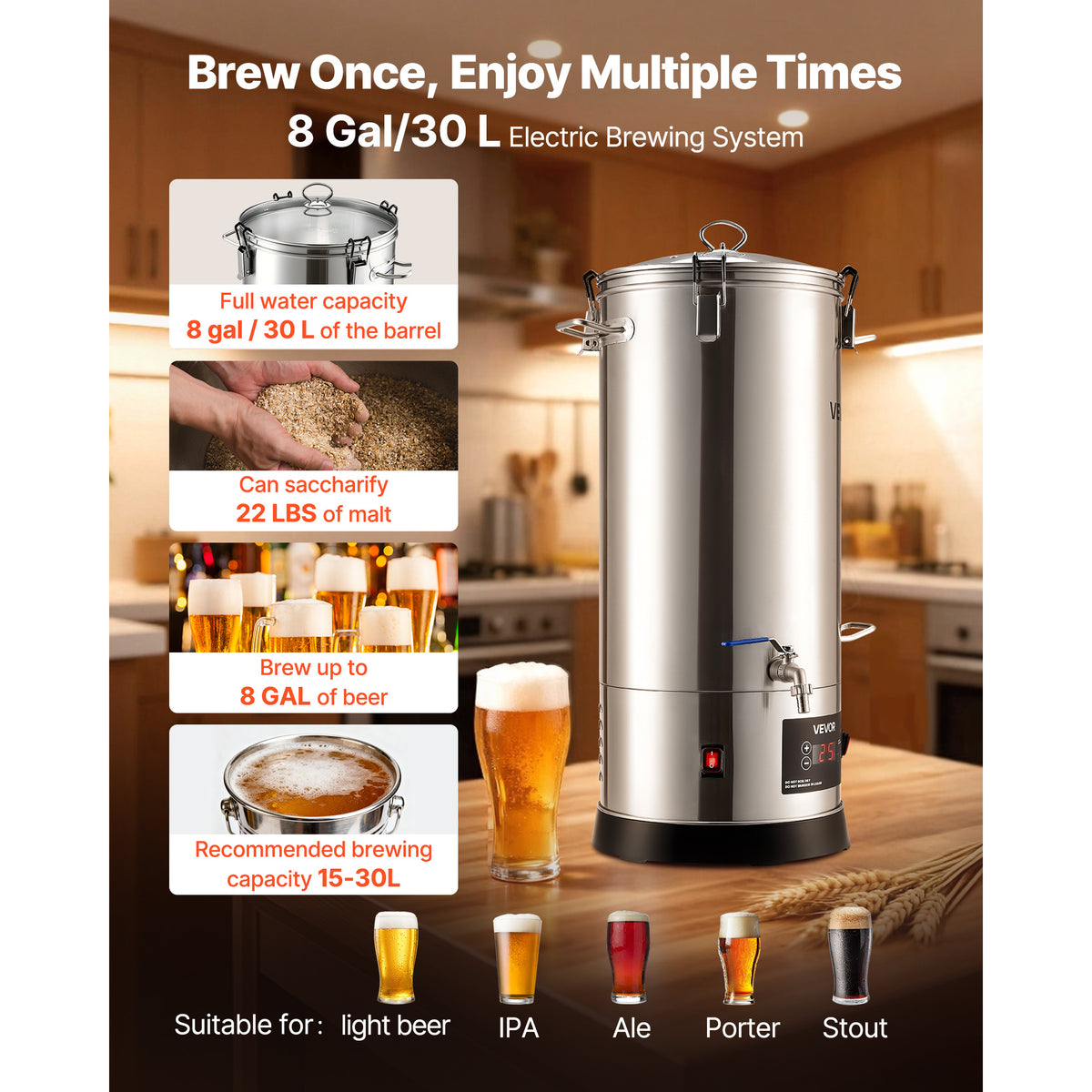 VEVOR Beer Brewing Equipment, 8 Gal/30L 304 Stainless Steel Home Beer Brewer,1500W All-in-One Home Brewing Kit, Tall strainer, Integrated Inner Barrel & Reinforced Handle