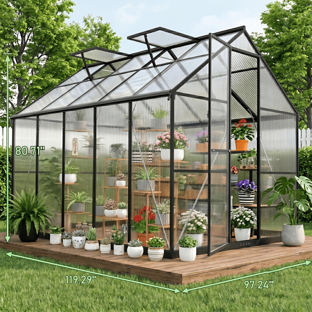 [Polycarbonate Greenhouse] 10X12 FT Greenhouse, Greenhouses For Outside, Polycarbonate Greenhouse With Aluminum Frame, Lockable Door And Ajustable Roof Vent For Backyard, Green Houses For Outside Garden Backyard, Patio, Garden Houses