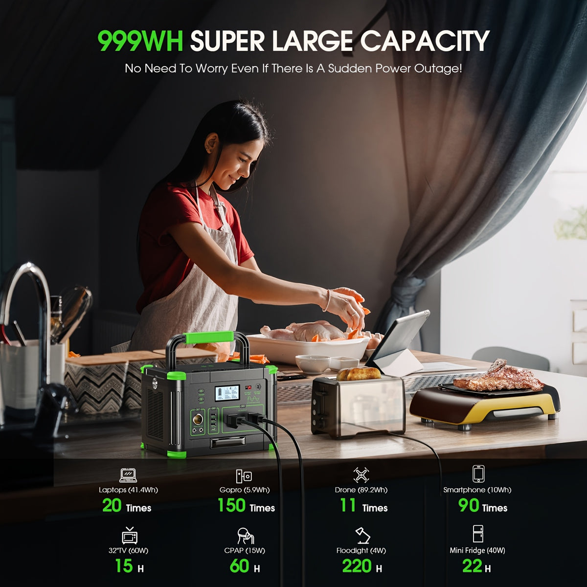 999Wh Solar Generator 1000W (Peak 2000W), Portable Power Station with Pure Sine Wave AC, Fast Charging, Reliable Backup for Iphone 18 Pro Max, RV Camping, Emergency, Home Backup