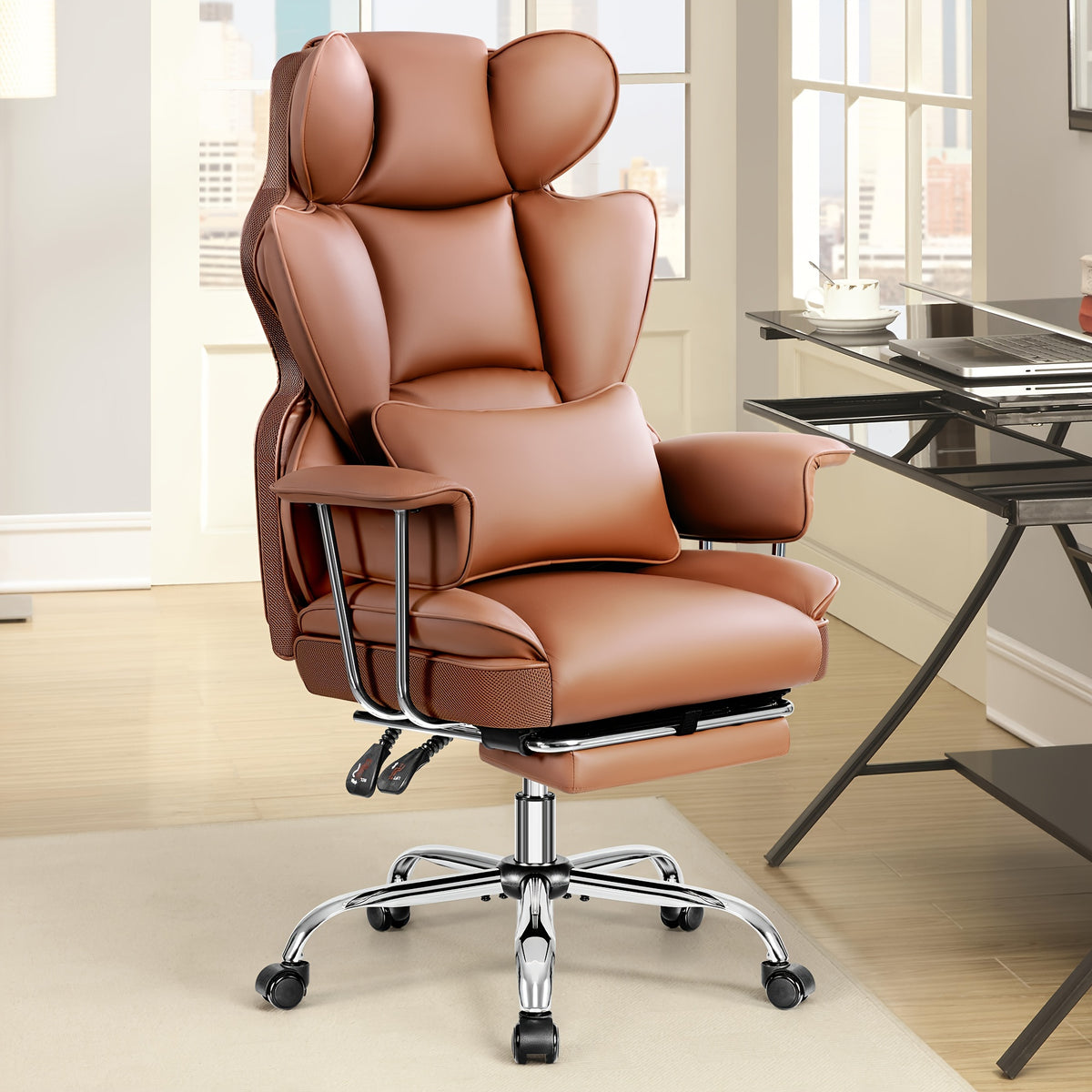 [Ergonomic Office Chair] Actflame Premium Ergonomic Office Chair for Plus-Size Users - Executive High-Back Leather with Enhanced Lumbar Support And Integrated Footrest - Perfect Fit for Spacious Homes And Offices