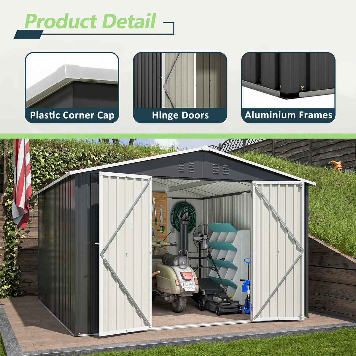 10X10 FT Outdoor Storage Shed, Metal Utility Tool Storage Featuring Lockable Doors And Enhanced Frame Design, Spacious Metal Garden Shed for Backyard And Patio Lawn, Black