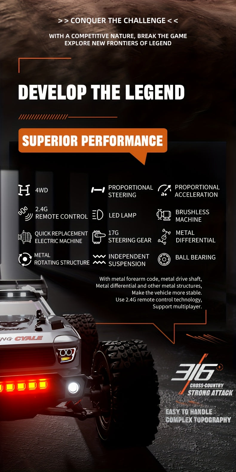 2026 NEW MAX Upgraded 4WD High Speed Off Road RC Car, 50MPH All Terrain Racing Truck, 2847 Brushless Motor Power System, Triple Speed Switch, Drift And Stunt Ready, Heavy Duty Metal Differential And Spring Suspension, 1:16 Large Scale Toy Car