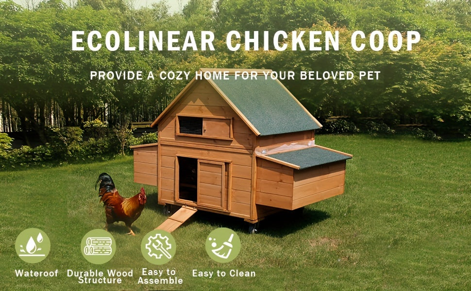 Large Chicken Coop with Wheels, Waterproof Outdoor Hen House for 6-8 Chickens, Movable Chicken House with Two Nesting Boxes, Removable Tray, PVC Cover, Wooden Duck Coop Rabbit Hutch