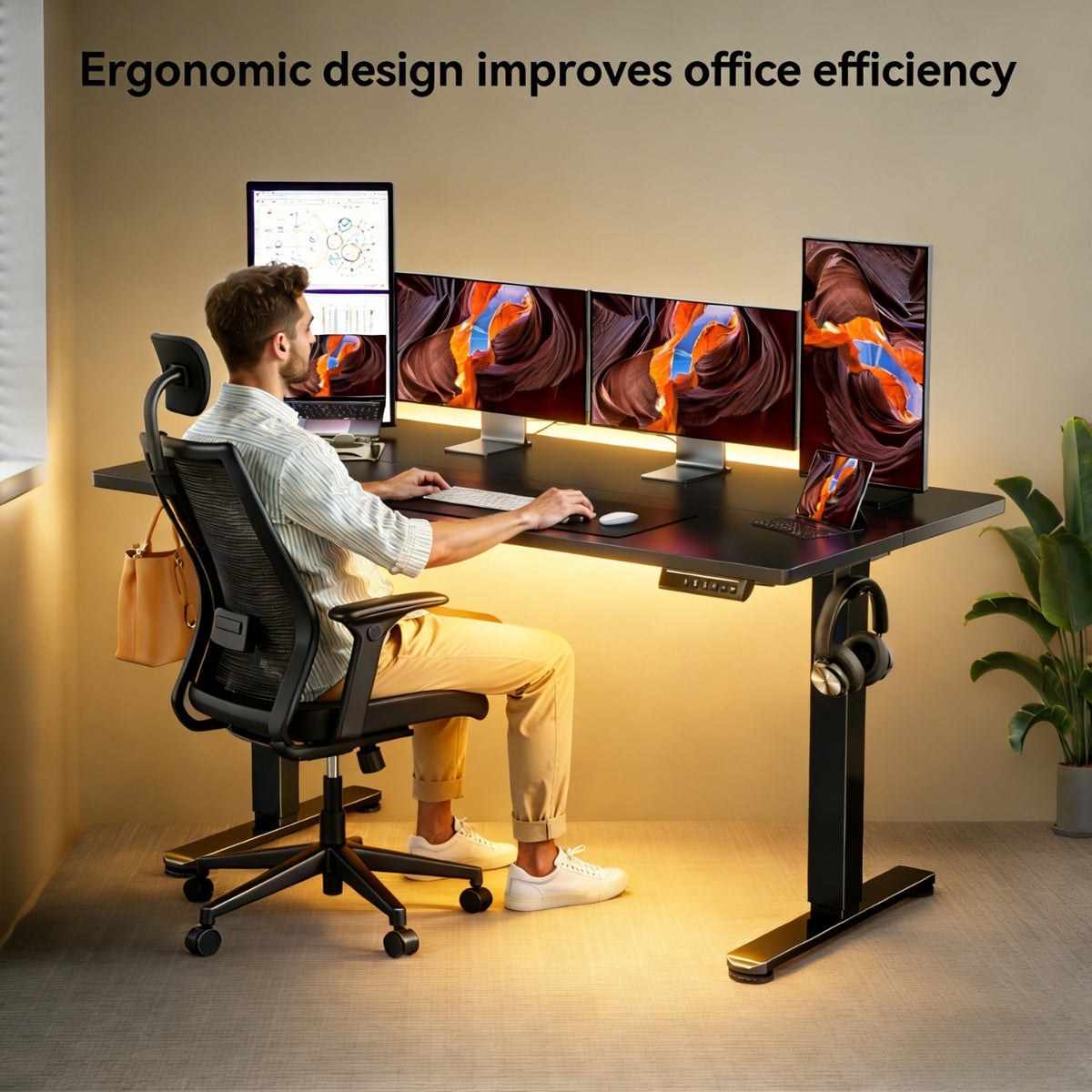 Height Adjustable Electric Standing Desk, 65 X 28 Inches Sit Stand up Desk, Memory Computer Home Office Desk, Black/Brown