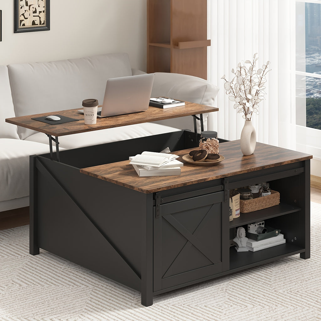 Lift Top Coffee Table with Storage, Square Wood Coffee Tables with Large Hidden Storage Compartment and Adjustable Shelves, Multi-Function Farmhouse Coffee Table for Living Room, Bedroom and Home Office
