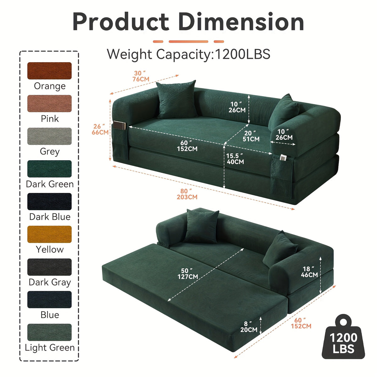 80" Convertible Sofa Bed, 3-in-1 Corduroy Folding Pull Out Couch with Pillows, No Assembly Modern Boneless Couch Compression Sofa In Box, Floor Sofa with Side Storage Pocket for Living Room