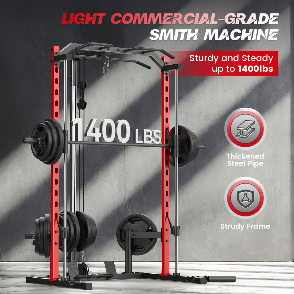 Likein Smith Machine Power Rack with LAT-Pull Down System & Cable Machine, Multi-Function Power Cage with Landmine, Barbell Bar, Plate Storage Pegs And More Training Attachment Squat Rack