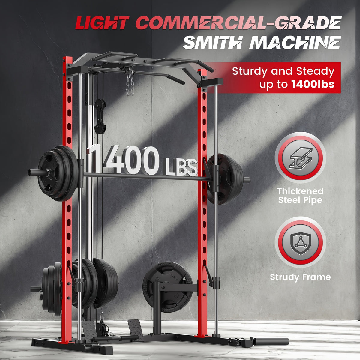 Likein Smith Machine Power Rack with LAT-Pull Down System & Cable Machine, Multi-Function Power Cage with Landmine, Barbell Bar, Plate Storage Pegs And More Training Attachment Squat Rack