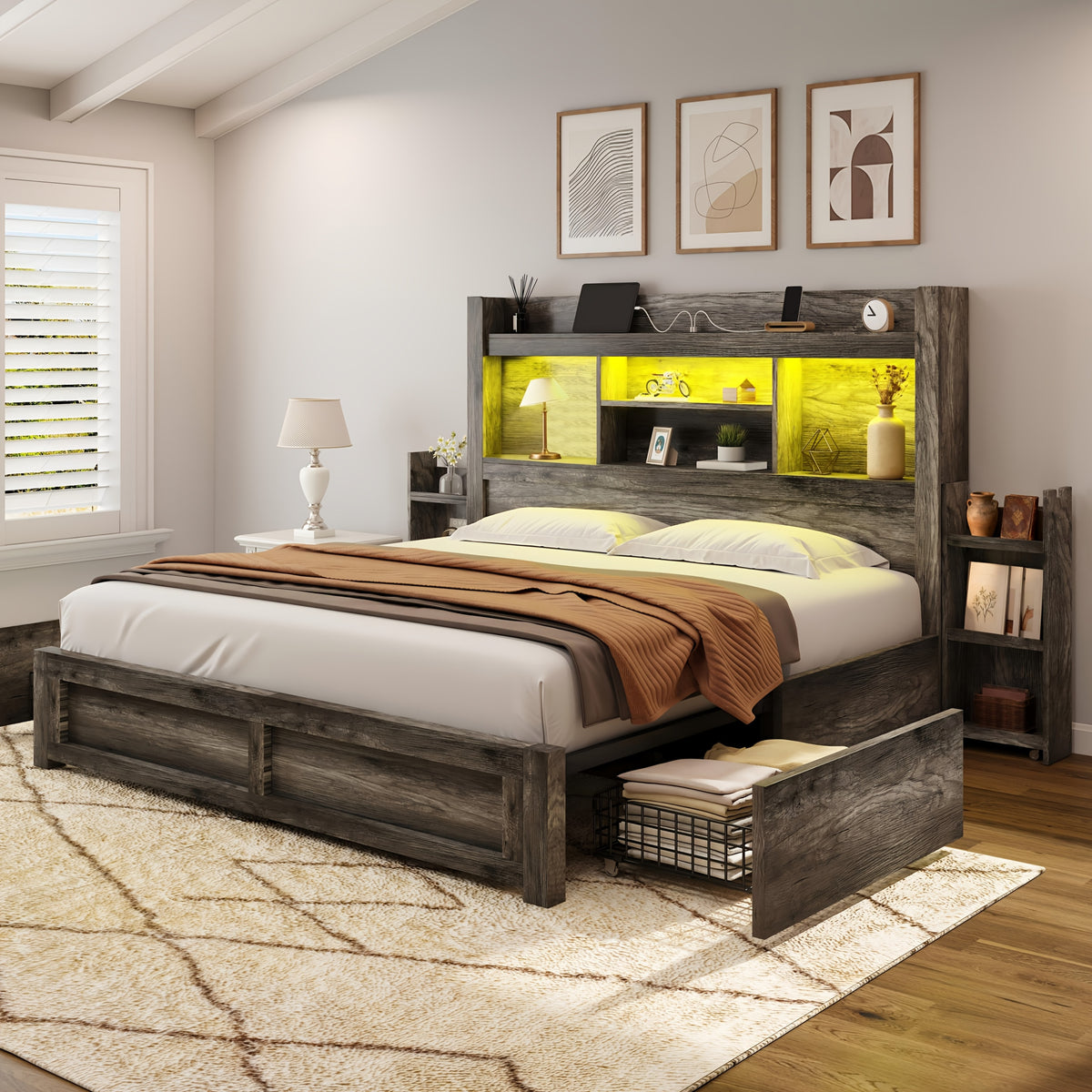 Farmhouse Wooden Bed Frame with 4 Storage Drawers, LED Bed Frame with 49" Tall Bookcase Headboard, Wood Platform Bed with Charging Station And 2 Slide Bedside Shelves
