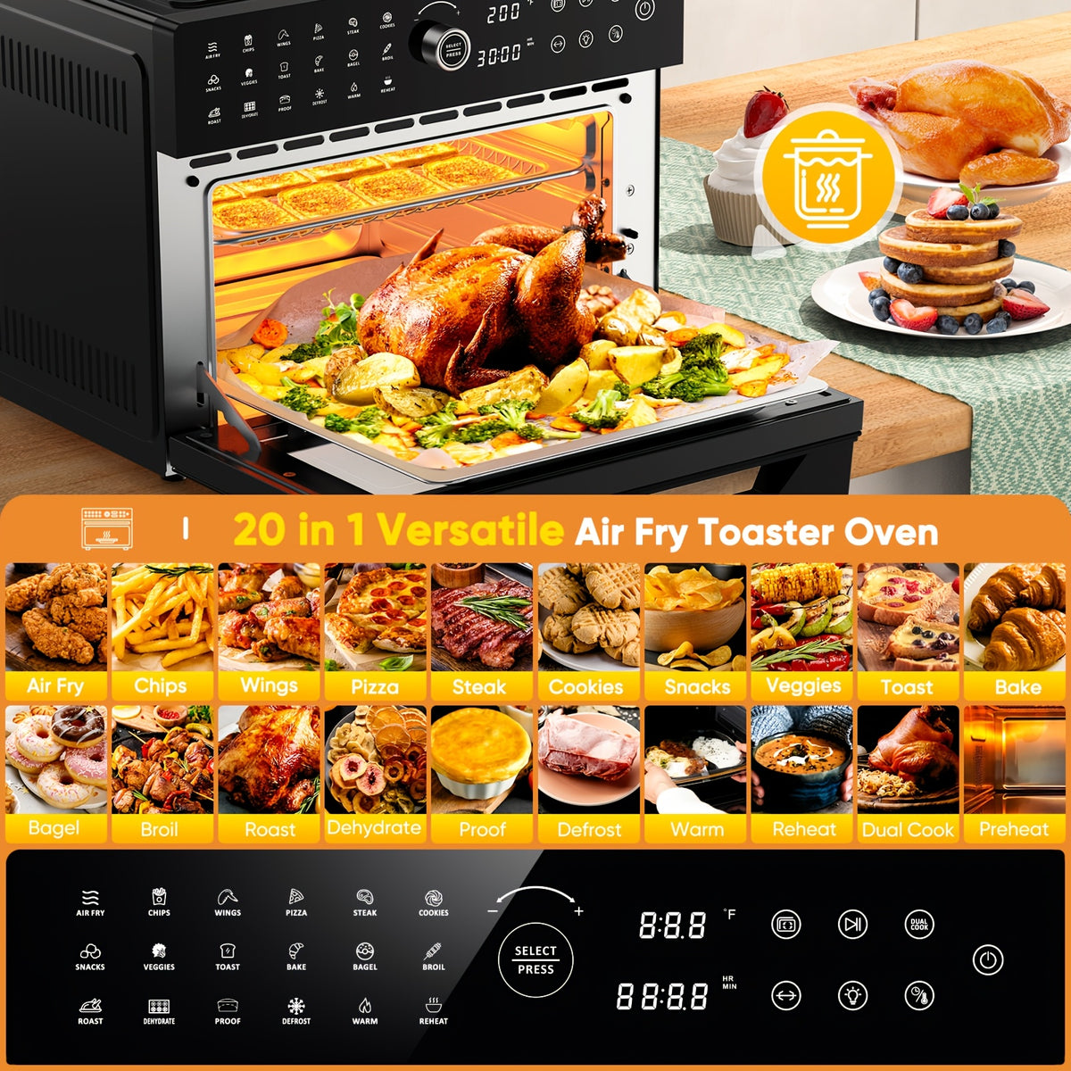 Extra Large 32-Quart Air Fryer, Digital Air Fryer Oven, and Toaster Oven Combo - 20-in-1 Countertop Convection Oven with 13" Pizza Pan, 7 Accessories, Clear Door, 1800W Dual Cooking, 360° Hot Air Circulation for Healthy Meals - Black. 86-450℉.