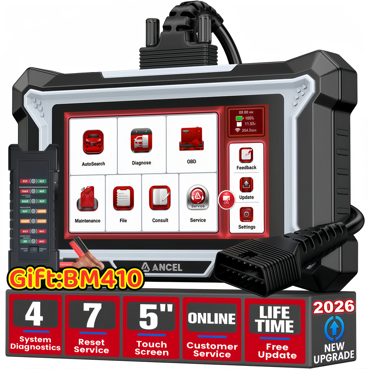 ANCEL DS100+Gift: BM410 (BM410 Without Wireless Functionality) OBD2 Scanner ABS SRS Transmission Check Engine Code Reader With 7 Resets, Includes Large Protective Case For Diagnostic Tools, Without Battery