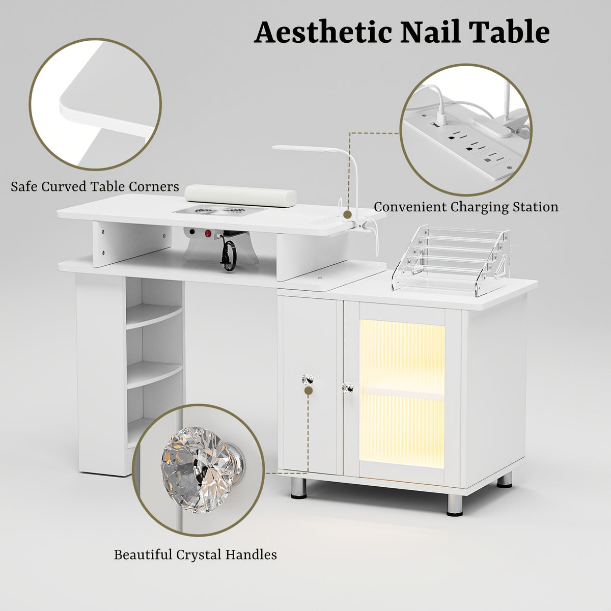 Paddie Manicure Table Nail Desk, Glass Cabinet Door Nail Table Station W/Dust Collector, Removable Acrylic Container, Cabinet And Drawer