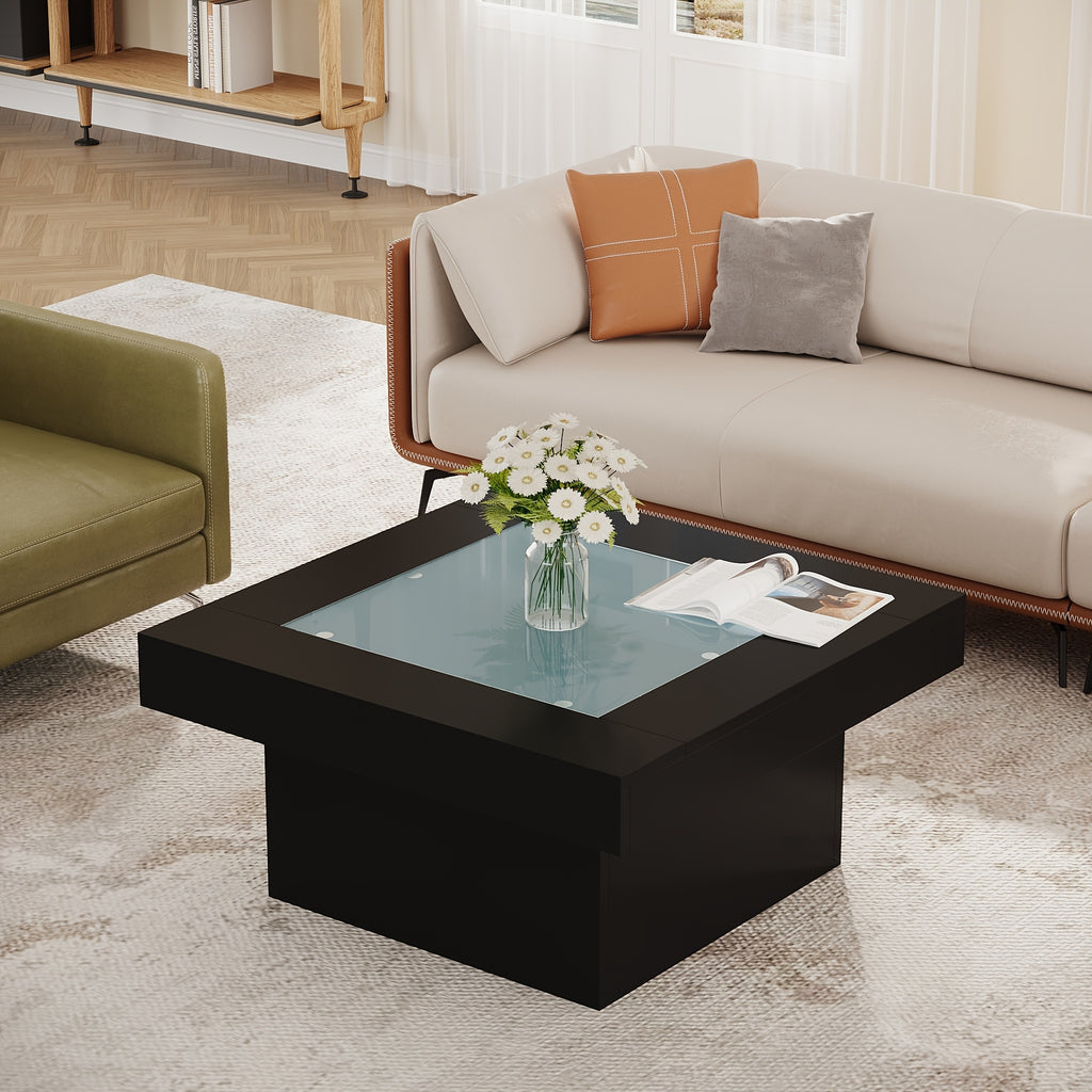 Square Coffee Table with LED Lights for Living Room, 35.4" Large Black Coffee Tables, Tempered Glass-top Modern Center Table, Engineered Wood Coffee Table for Home Office