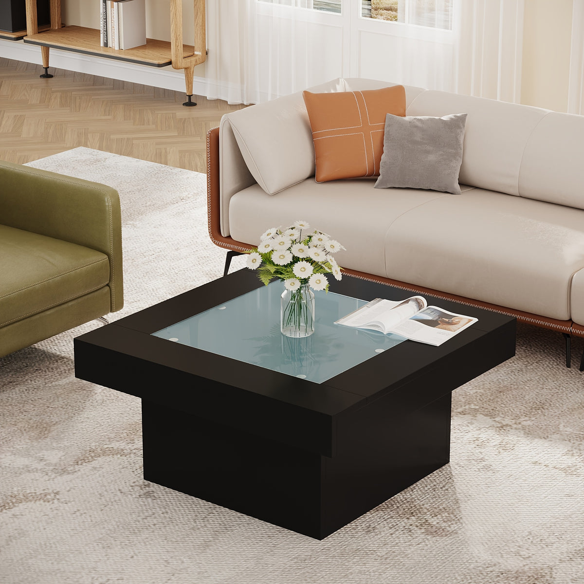 Square Coffee Table with LED Lights for Living Room, 35.4" Large Black Coffee Tables, Tempered Glass-top Modern Center Table, Engineered Wood Coffee Table for Home Office