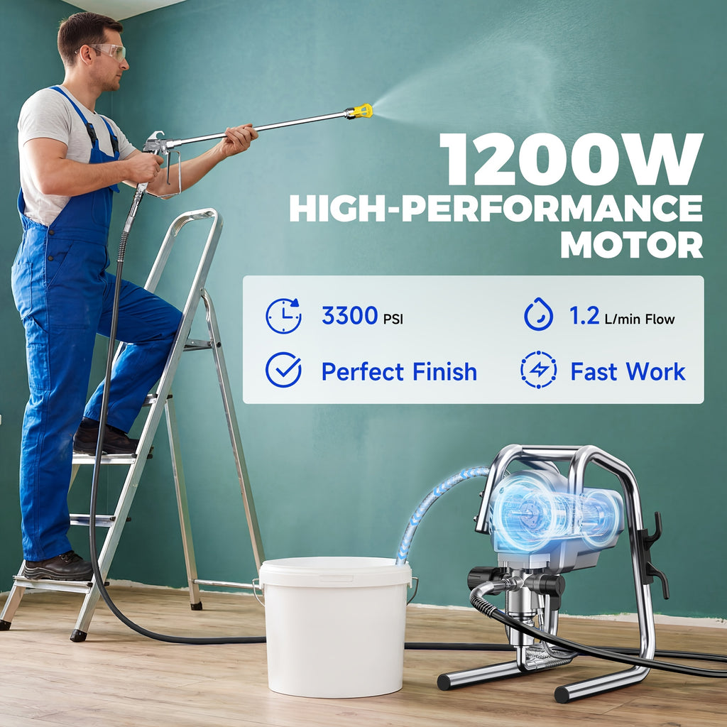 1200W Heavy-Duty Airless Paint Sprayer, 3300PSI High Pressure And 40.58oz/Min High Flow for Fast Painting, Up to 30% More Coverage with Less Overspray, for House Painting, Interior/Exterior Walls, Fences, Furniture. Gift for Father, Dad And Husband