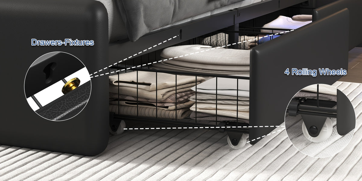 Upholstered Platform Bed Frame with 4 Storage Drawers, Twin/Full/Queen Size Bed Frame with LED Lights And Adjustable Headboard, Metal Slats Support, Charging Station, Easy Assembly, Noise Free, Black/White