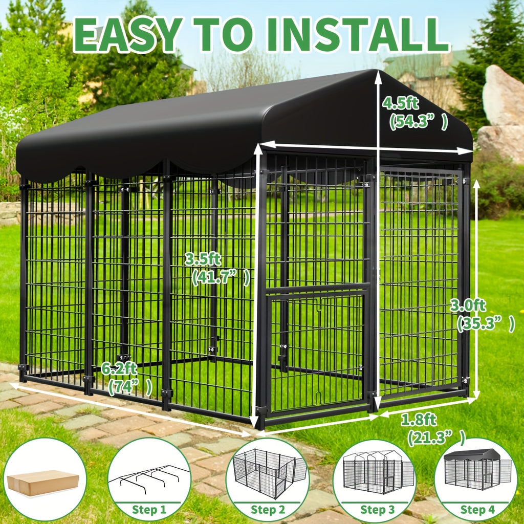 6.2'X4'X4.5' Outdoor Dog Kennel W/ Roof - Heavy Duty Welded Wire Enclosure, Uv/ Cover, Escape-Proof Lock, Easy Access Door & Built-In Bowl for Dogs, Cats, Chickens, Ducks - Backyard, Patio Use
