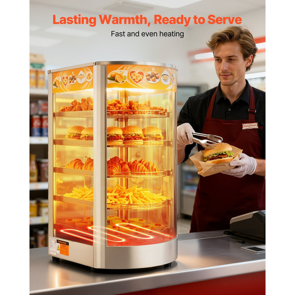 VEVOR 3-Tier/5-Tier Commercial Food Warmer Display, 14inch/15 inch 800W Food Display Warmer with LED Light, Adjustable Shelf and Stainless Steel Frame, 86℉~185℉ Air Heating, 34L for Hamburger, Pizza, Bread, Fried Chicken