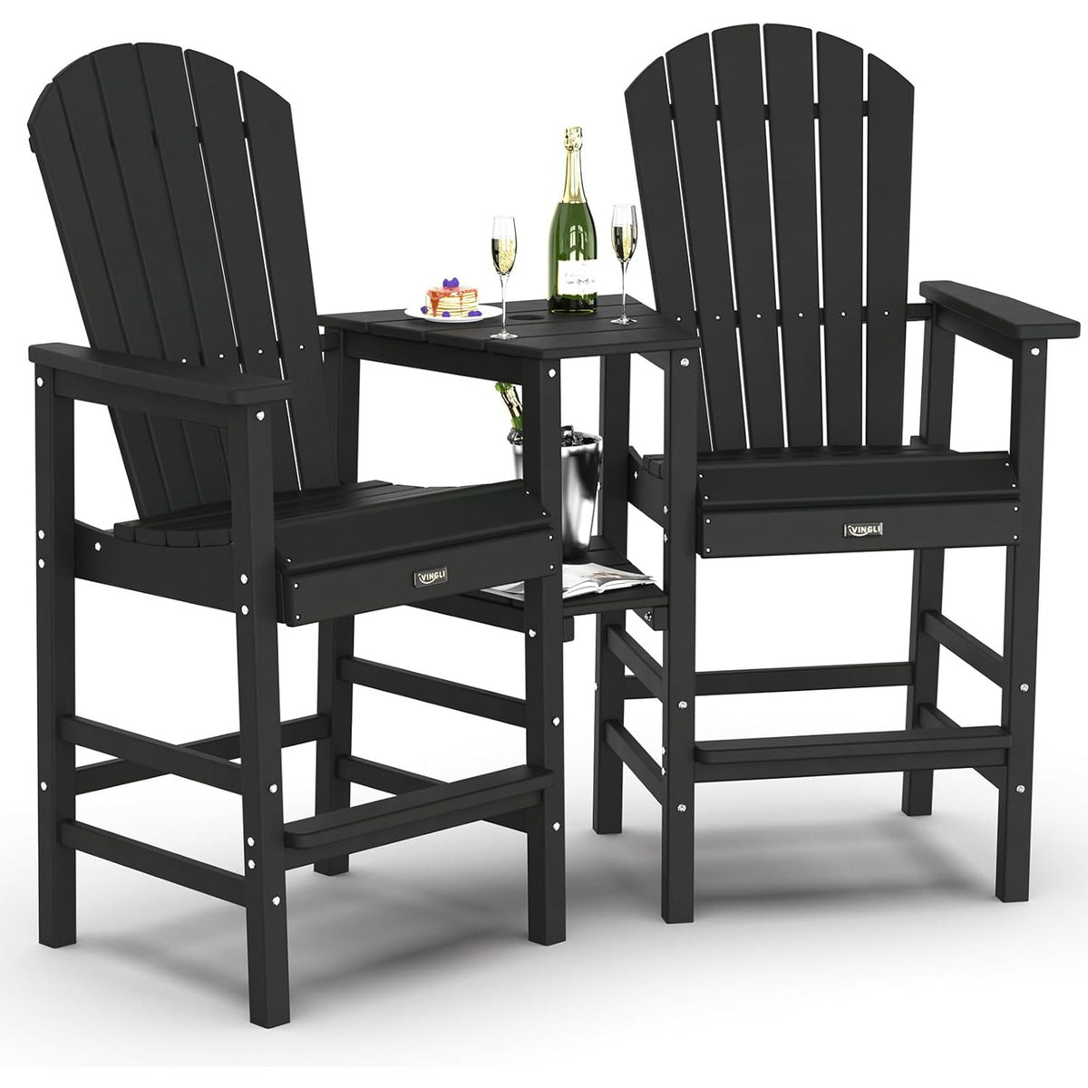 Tall Adirondack Chairs Set of 2 HDPE Balcony Chair with Double Connecting Tray Weather Resistant Outdoor Bar Stools for Patio Deck Lawn Pool Backyard Black