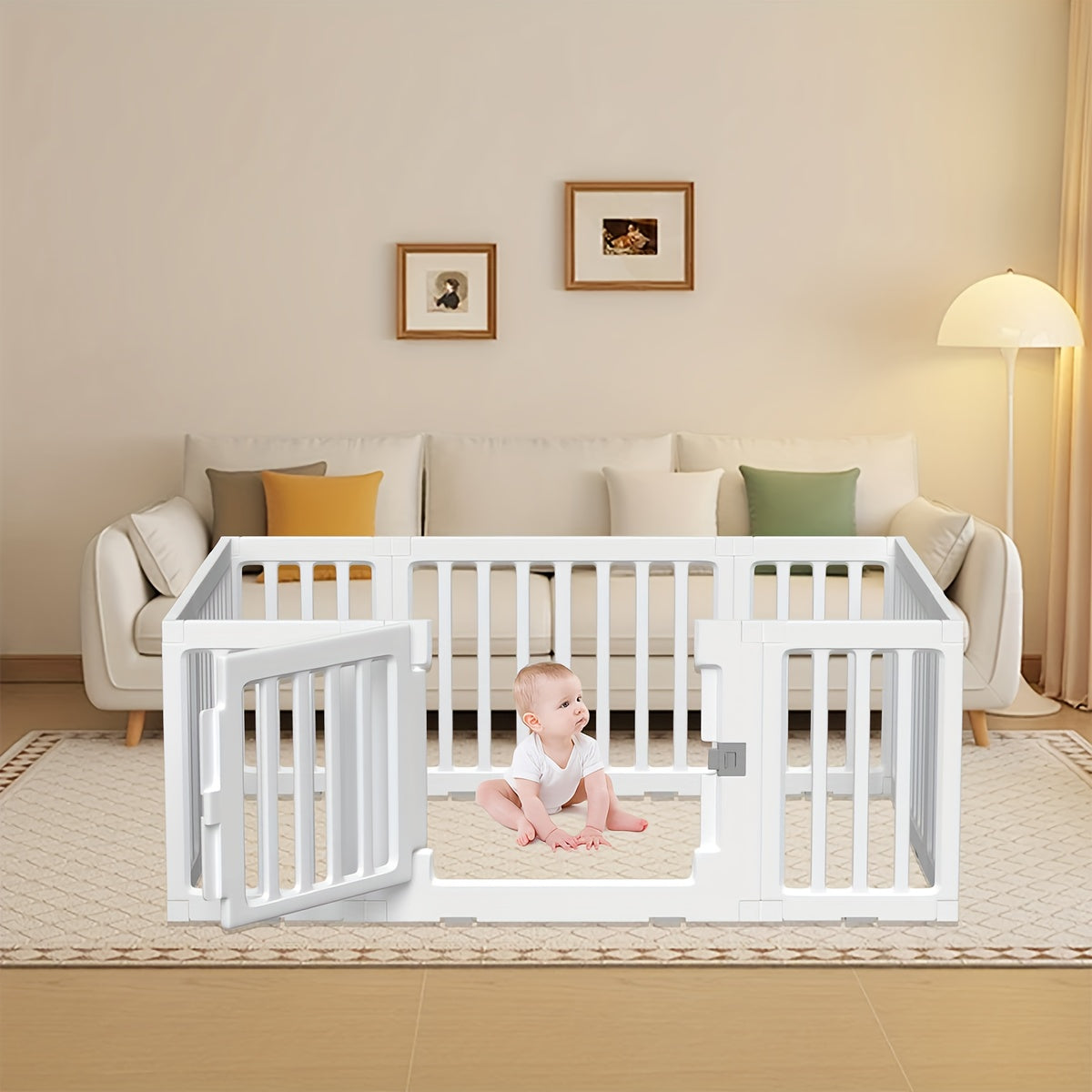 Baby Playpen Baby Fence, 2in 1 Adjustable Shape Baby Playpen, Kids Activity Centre Safety Play Yard Home Indoor Outdoor, Large Space Safe Playpen, Wardrobe Fence Storage Shelf Baby Fence with Safety Gate As Birthday Gift