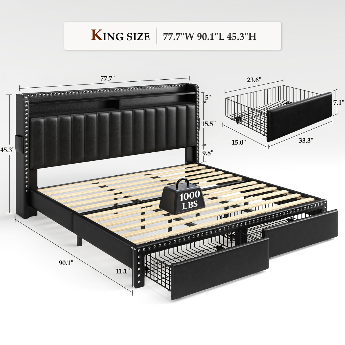 King Size Upholstered Bed Frame with Storage, 2-Tier Headboard And 2 Drawers, Sturdy Wood Slats, No Box Spring Needed, Noise-Free, Modern Grey/Beige, Easy Assembly, Space Saving