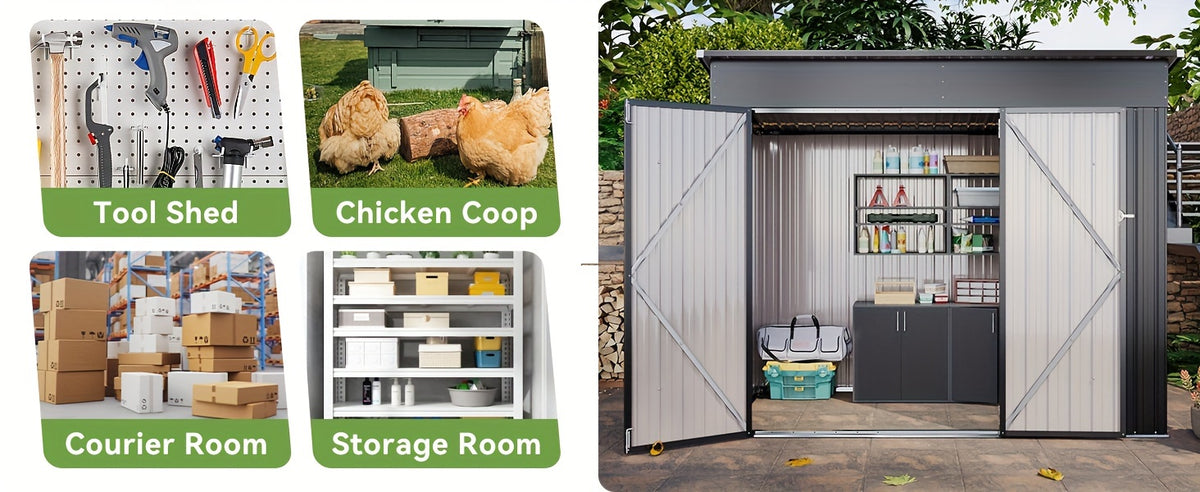 Nordivale 8 X 4/10X8/12X8 FT Outdoor Storage Shed with Sturdy Metal Frame - Lockable Triple Door Tool Sheds, Heavy Duty Storage Building for Bicycles, Lawn Tools Suitable All-Weather, Waterproof Garden Metal Trash Storage Sheds for Patio, Backyard