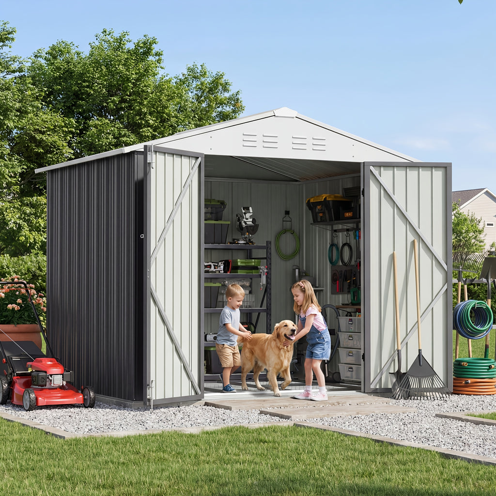 GUNJI 10 X10ft & 8 X 6ft 6 X 4ft & 5 X 3ft Storage Shed with Floor Frame, Metal Tools Shed with Design Of Lockable Doors, Utility And Tool Holder for Garden, Workshop, Backyard, Can Hold Various Tools