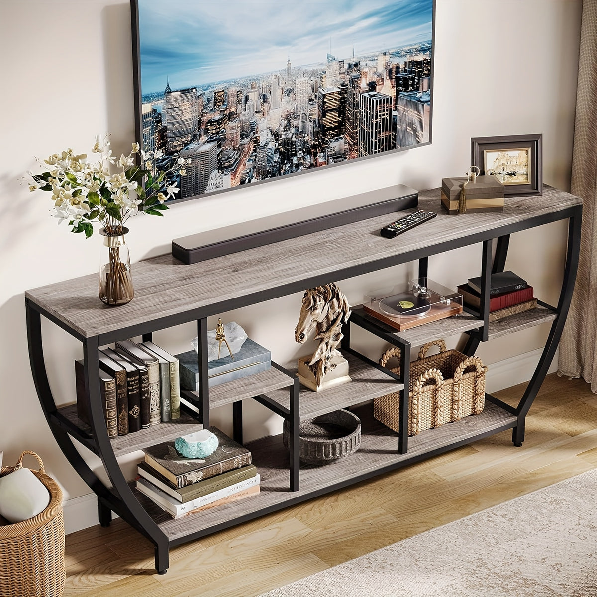 TV Stand for Televisions Up to 80 Inches, 70.9 Inches Entertainment Center with Storage Shelves, Wood TV Media Console Table Unit for Living Room, Bedroom, Rustic Brown