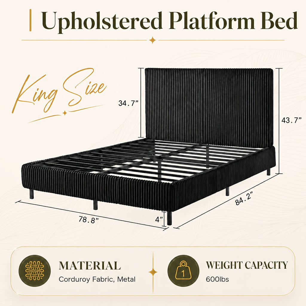 Platform Bed Frame with Upholstered Corduroy Headboard, Fully Padded 3.5" Thick Gap-Free Design, Heavy Duty Metal Slats, No Box Spring Required
