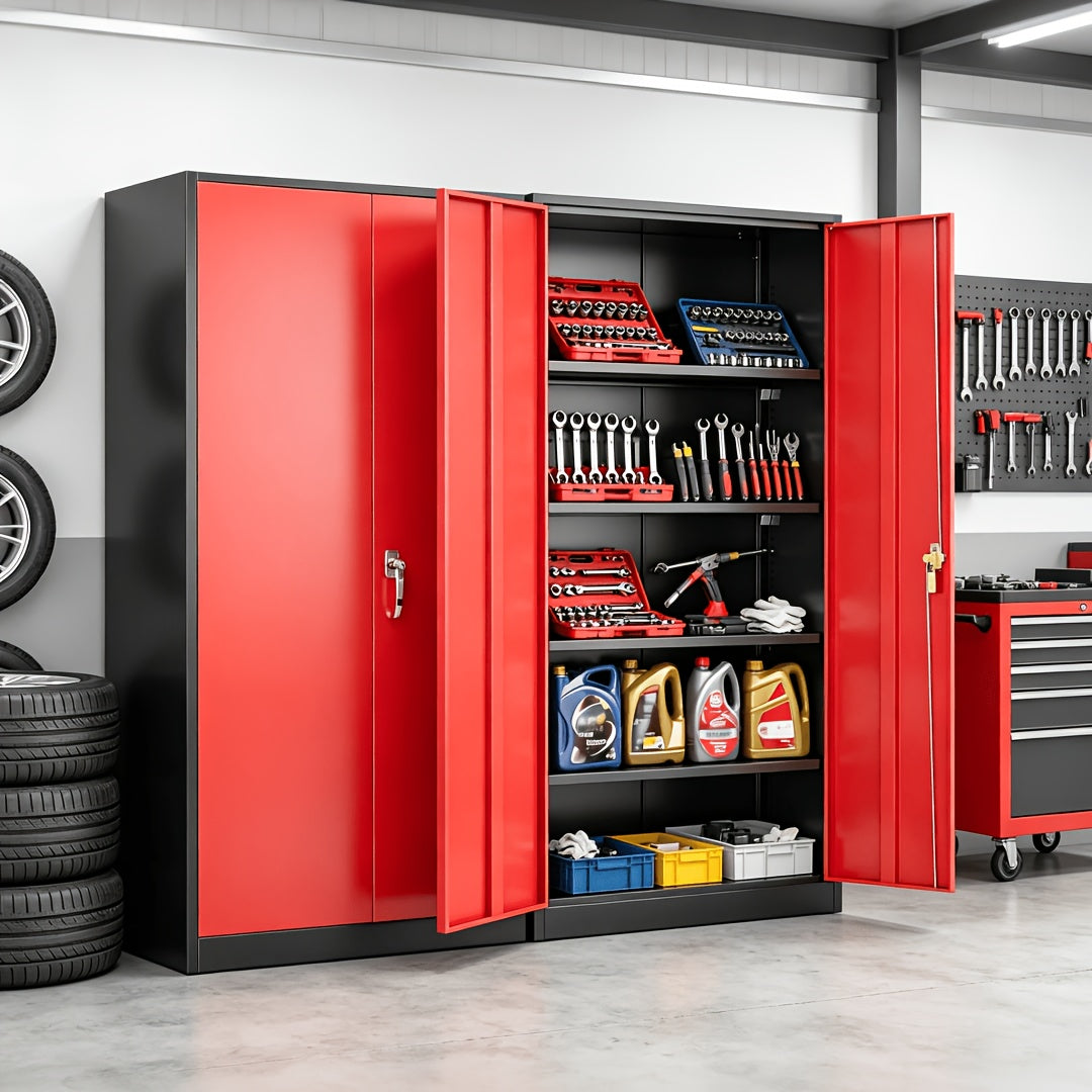72-Inch Metal Storage Cabinet with Locking Door for Garage, Equipped with 4 Adjustable Shelves, Suitable for Repair Shops, Garages, And Warehouse Storage (Red 72''X 36" X 18")
