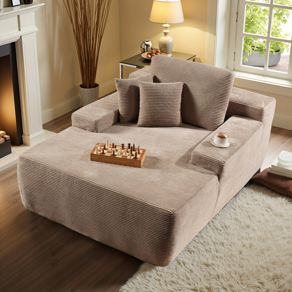 67" Oversized Boneless Lounge Chaise - Corduroy/Plush Fabric/Teddy Fleece Floor Couch with Pillows And Armrests | Deep Seat Single Sofa Bed with High Density Sponge Cushion | U Sleeper Couch for Living Room, Apartment, Bedroom | No Assembly Required