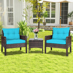 Patio Conversation Set by COSTWAY with Two Cushioned PE Rattan Chairs and Tempered Glass Side Table