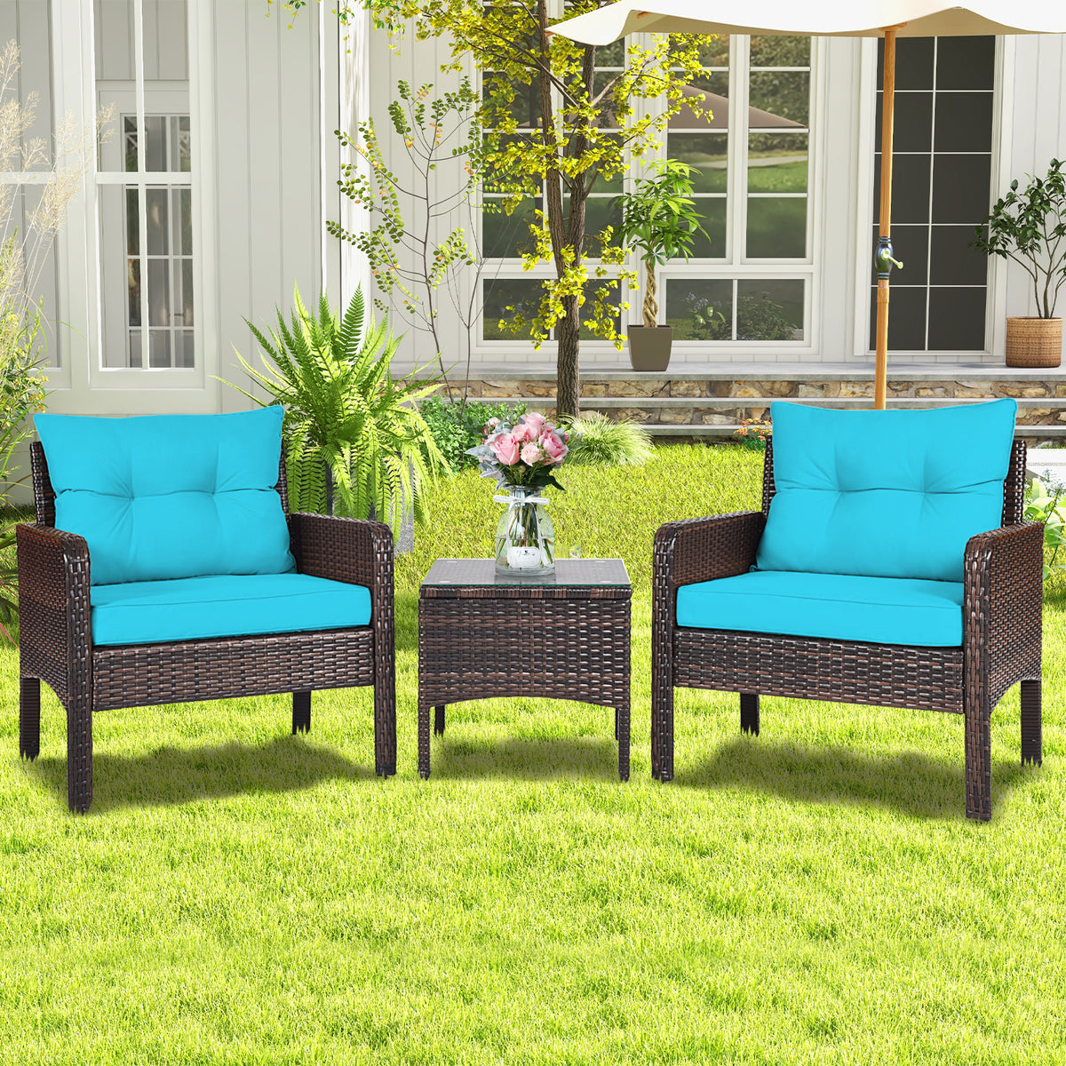 Patio Conversation Set by COSTWAY with Two Cushioned PE Rattan Chairs and Tempered Glass Side Table