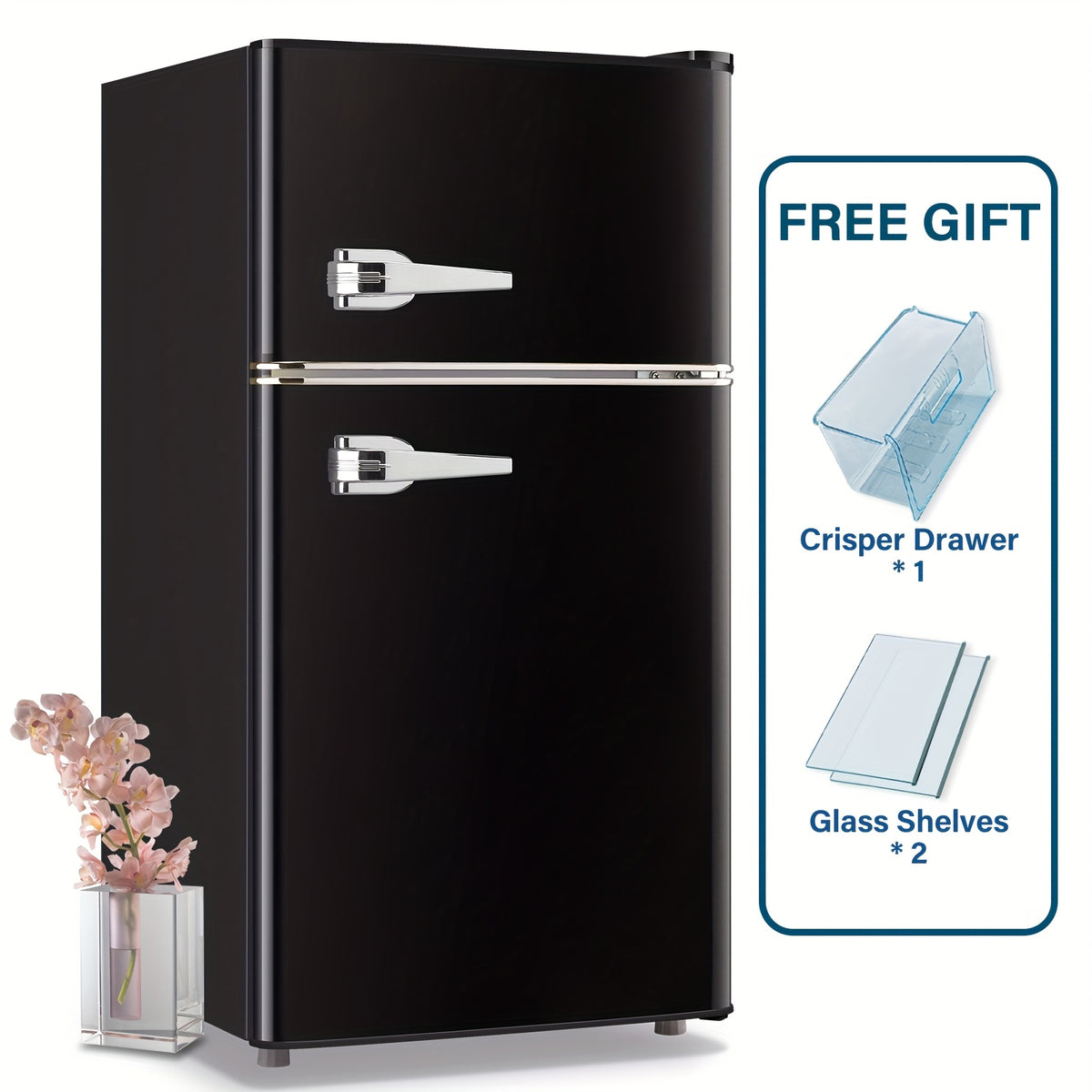 3.8 Cu.Ft Mini Fridge with Freezer, Double Door Compact Refrigerator with Adjustable Thermostat, Removable Shelves, Low Noise, Mini Fridge with Top Freezer for Bedroom, Office, Dorm, RV