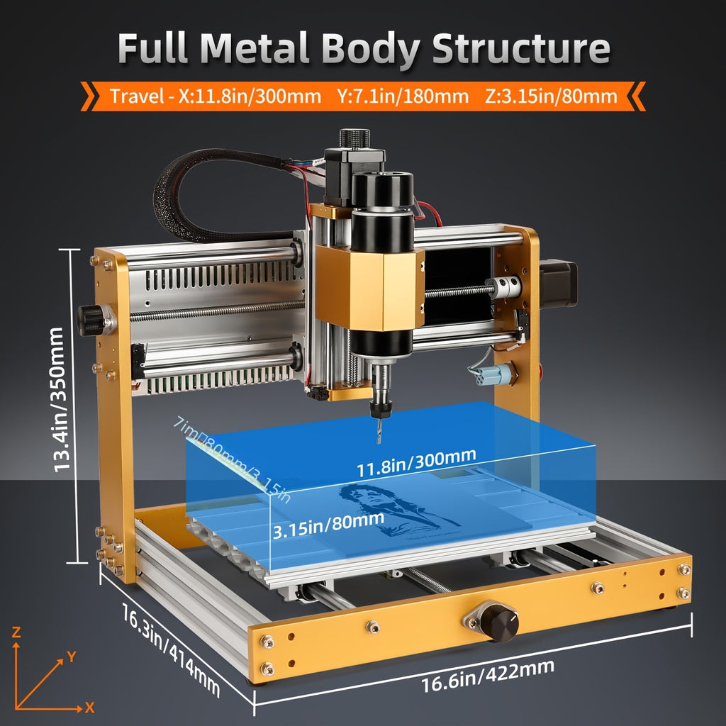 LUNYEE 500W All Metal CNC Machine, 3018 Pro Max CNC Wood Router Machine, 3-Axis Metal Milling Machine for Cutting Wood, Acrylic, PCB Plastic, Working Area: 300 X 180 X 80mm