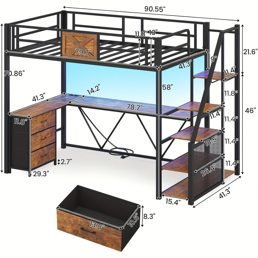 Stairway Twin Size Loft Bed with L Shaped Desk and Wardrobe, Metal Loft Bed Frame with Storage Stairs, 3 Drawers and LED Lights