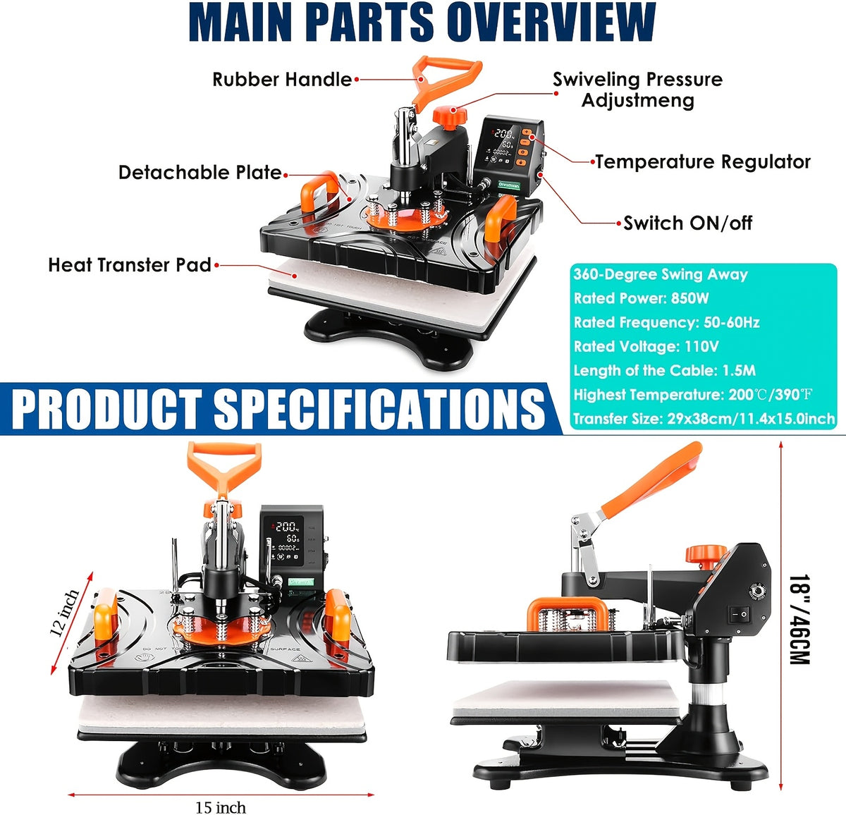 11pcs 8-in-1 - 15"x15"/12"x15" Heat Press Set for T-Shirts, Bags, Pillows, Hats, Beanies, Roller - 12"x10" T-Shirt Machine(Weight 25.35 Lbs) & 15"x15" Auto Single-Workbench & 15"x15" Auto Dual-Workbench Heat Press Only for Cloth, Shirts, Canvas Bags