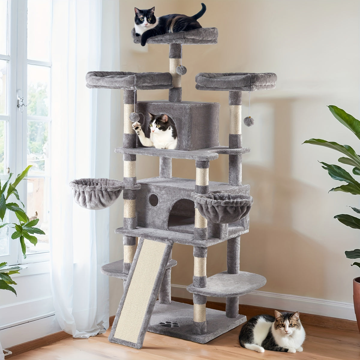HOOMIC 68-Inch Multi-Level Cat Tree Tower for Large Cats/Cat Condo/Cozy Plush Cat Perches/Sisal Scratching Posts/Baskets/Wide Base Board/Cat Activity Center/Dark Grey/Grey/Beige/Pink/Leopard Print